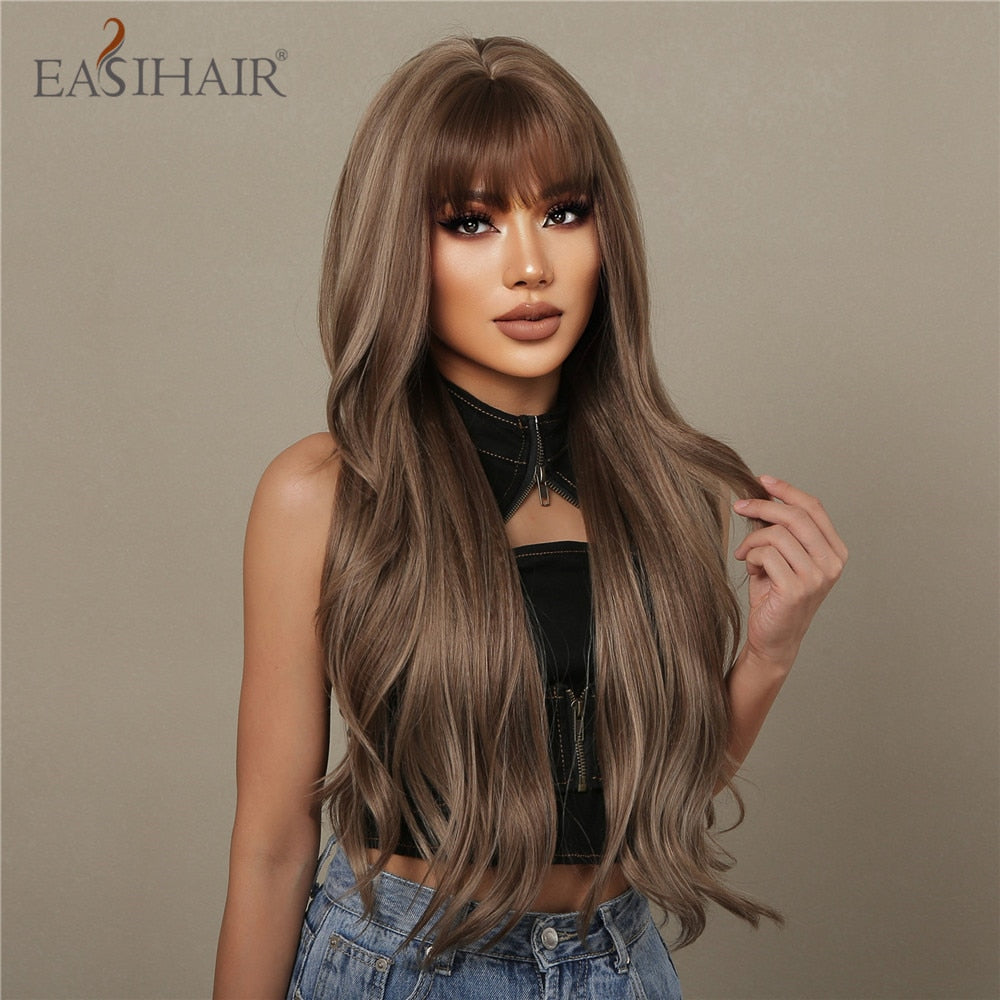 Long natural wavy brown and blonde synthetic wig for women, heat-resistant daily cosplay accessory by The Clothing Company Sydney.