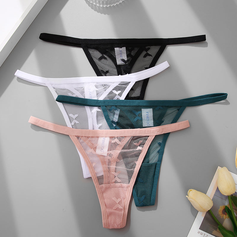 Two transparent mesh G-string panties from The Clothing Company Sydney, seamless and lightweight women's lingerie underpants.