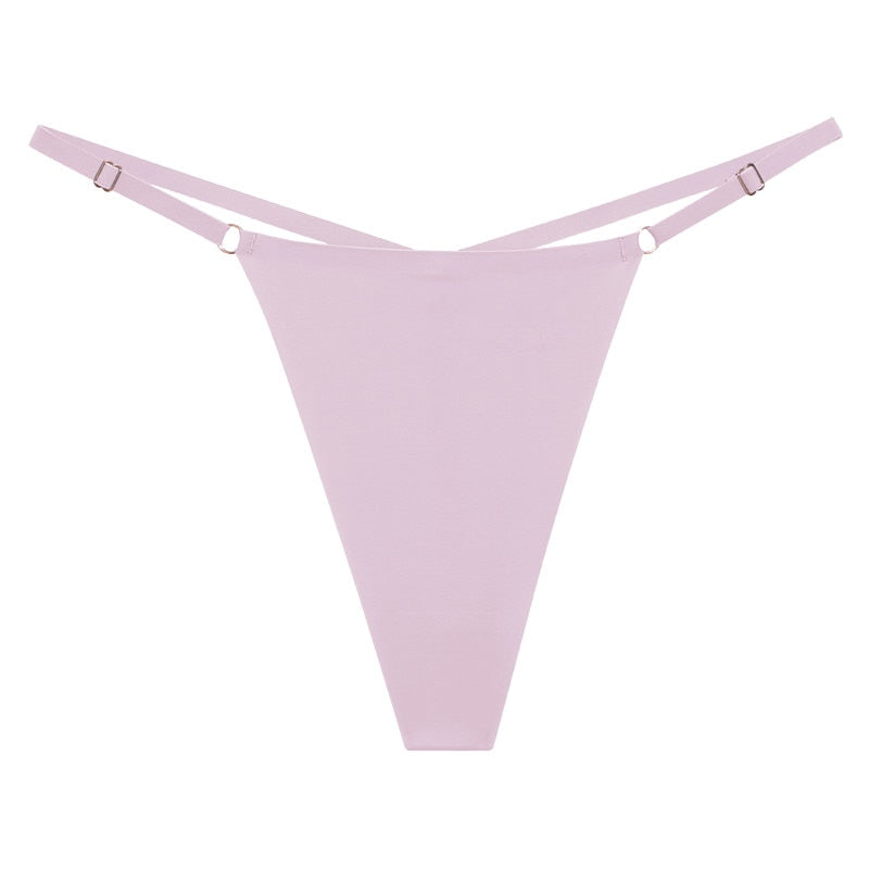 Three packs of seamless women G-string panties by The Clothing Company Sydney, featuring adjustable straps and ice silk fabric.