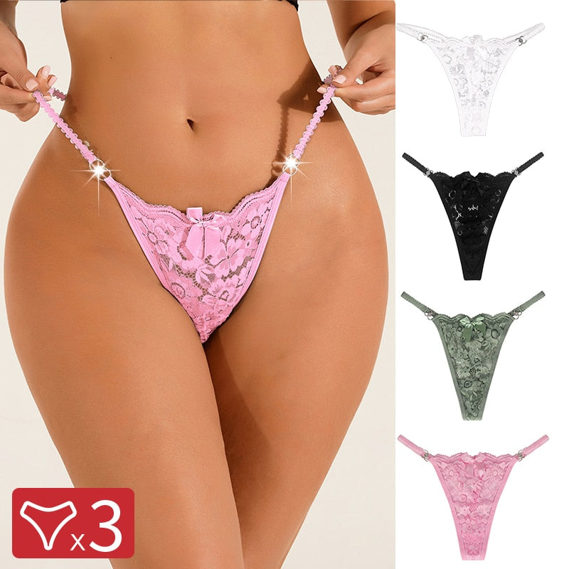 Three-piece women's lace lingerie set with low-waist thong, thin straps, rhinestones, breathable soft fabric from The Clothing Company Sydney.