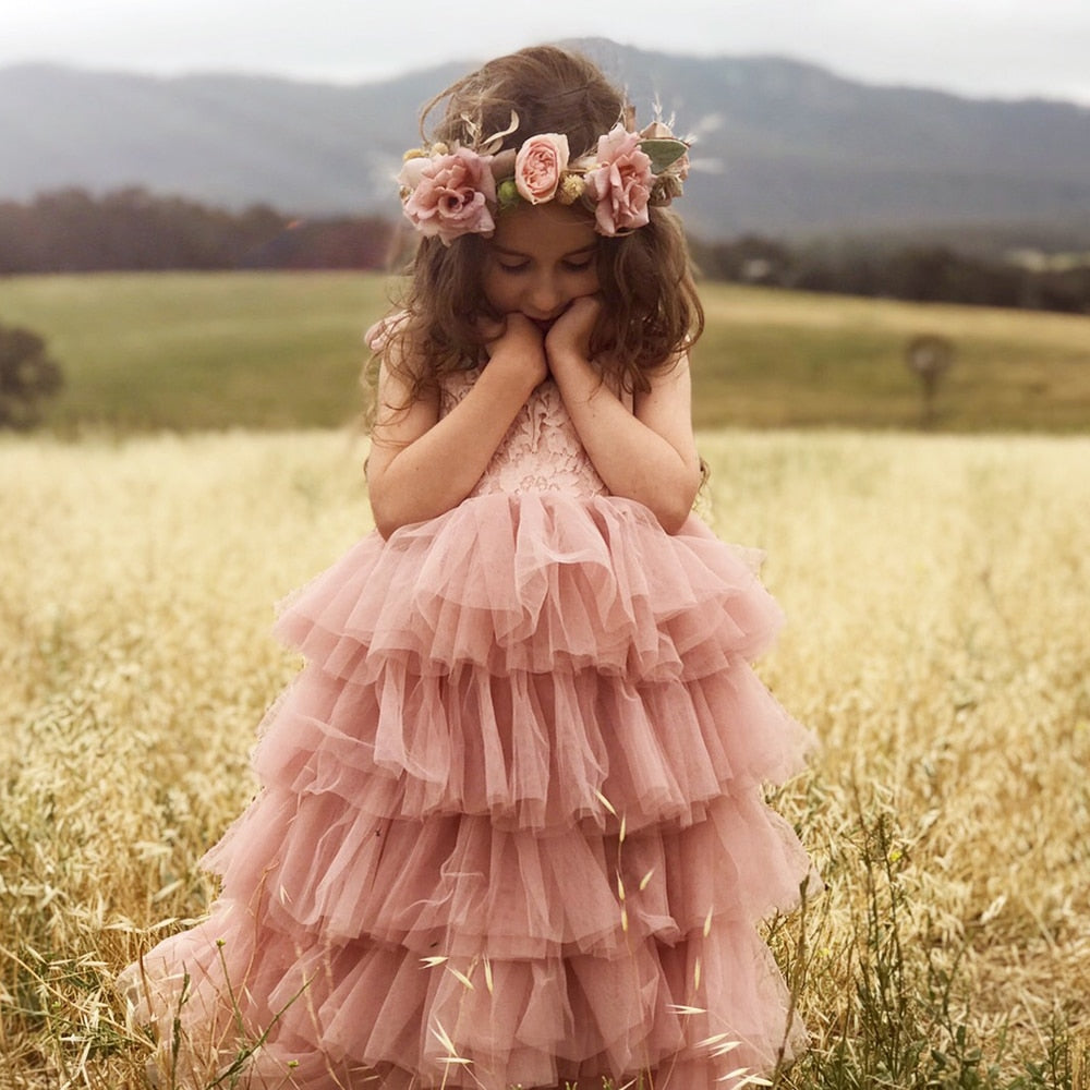 Kids summer princess dress by The Clothing Company Sydney, sleeveless layered tulle costume with cake and flower details for children.