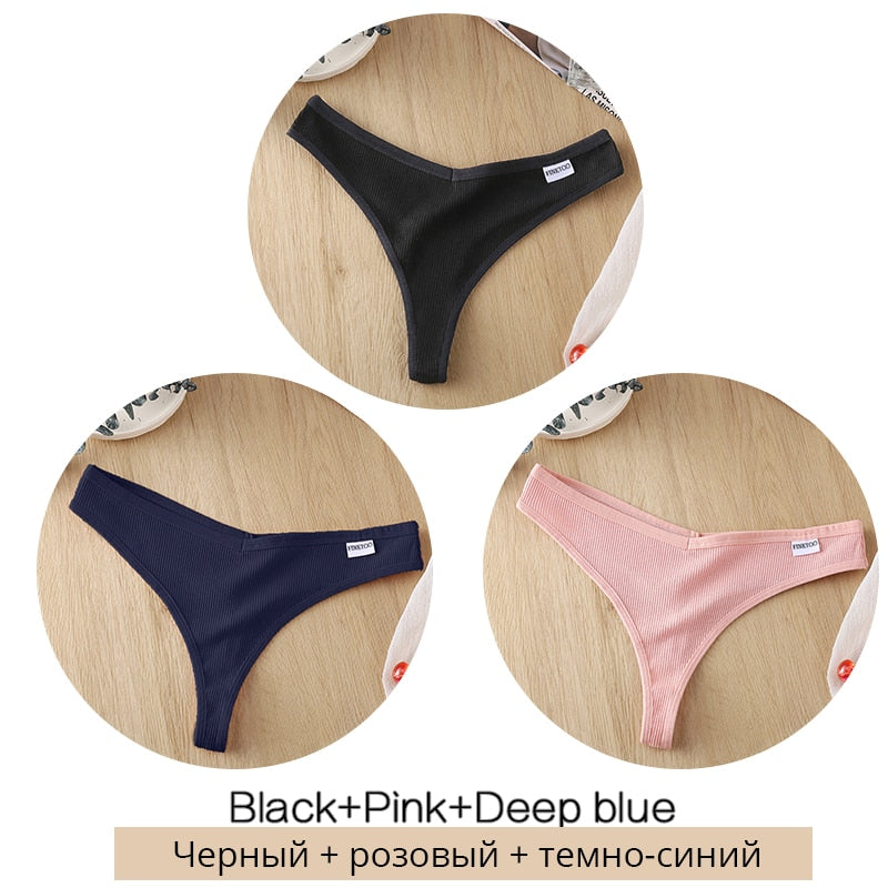 Set of three women's cotton mix low waist thong panties by The Clothing Company Sydney, breathable Brazilian lingerie for women.