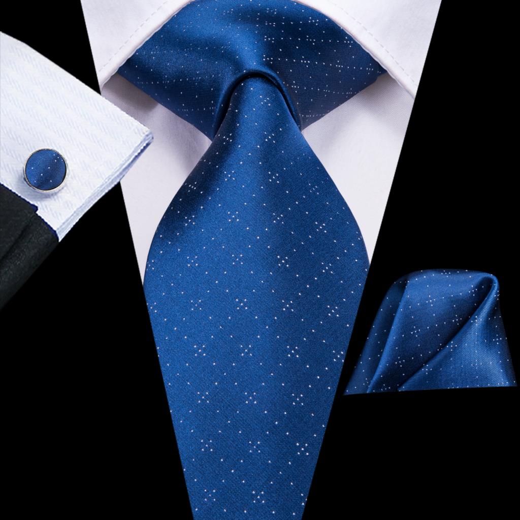 Blue silk business tie with dot pattern, plaid cufflinks, and matching accessories for men, ideal for weddings and business attire.