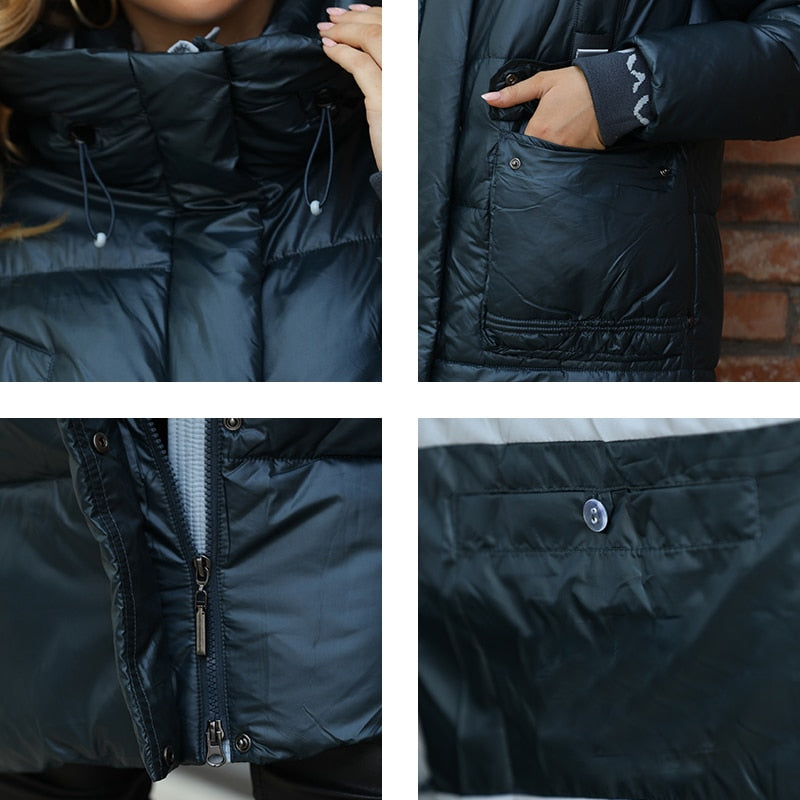 Women's down jacket by The Clothing Company Sydney featuring a long classic design, hood, stand collar, slim fit, and large pockets.