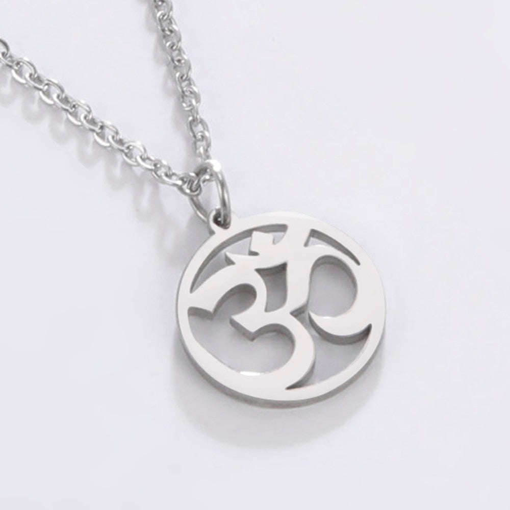 Stainless steel Tamil Om Aum symbol pendant with trident, vintage yoga necklace, featuring Om Shiva symbol by The Clothing Company Sydney.