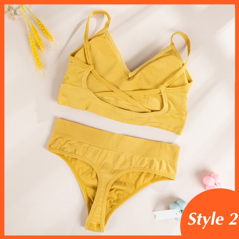 Seamless ribbed bralette and panty lingerie set in soft fabric, wire-free design, by The Clothing Company Sydney.