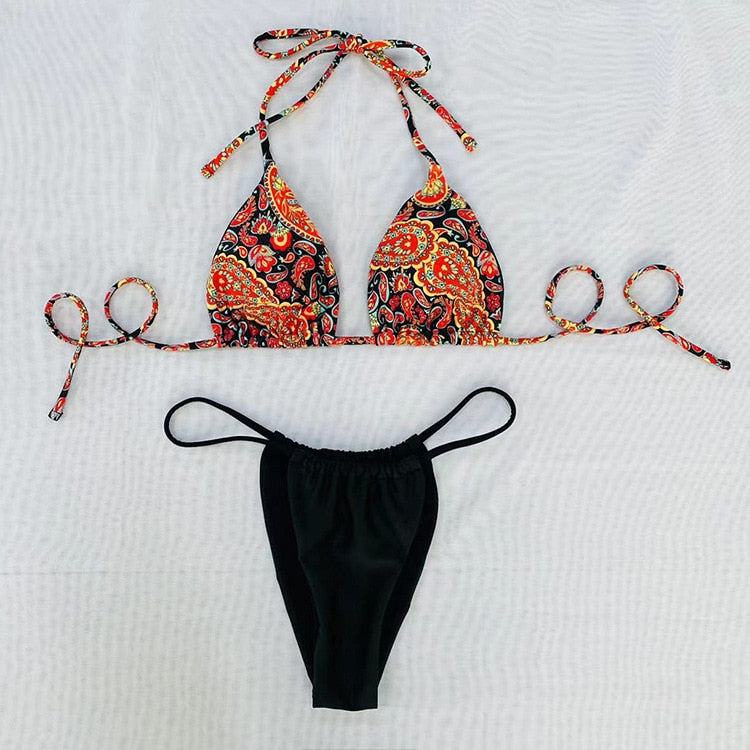 Paisley print halter bikini set with a split micro swimsuit top from The Clothing Company Sydney, featuring a stylish two-piece design.