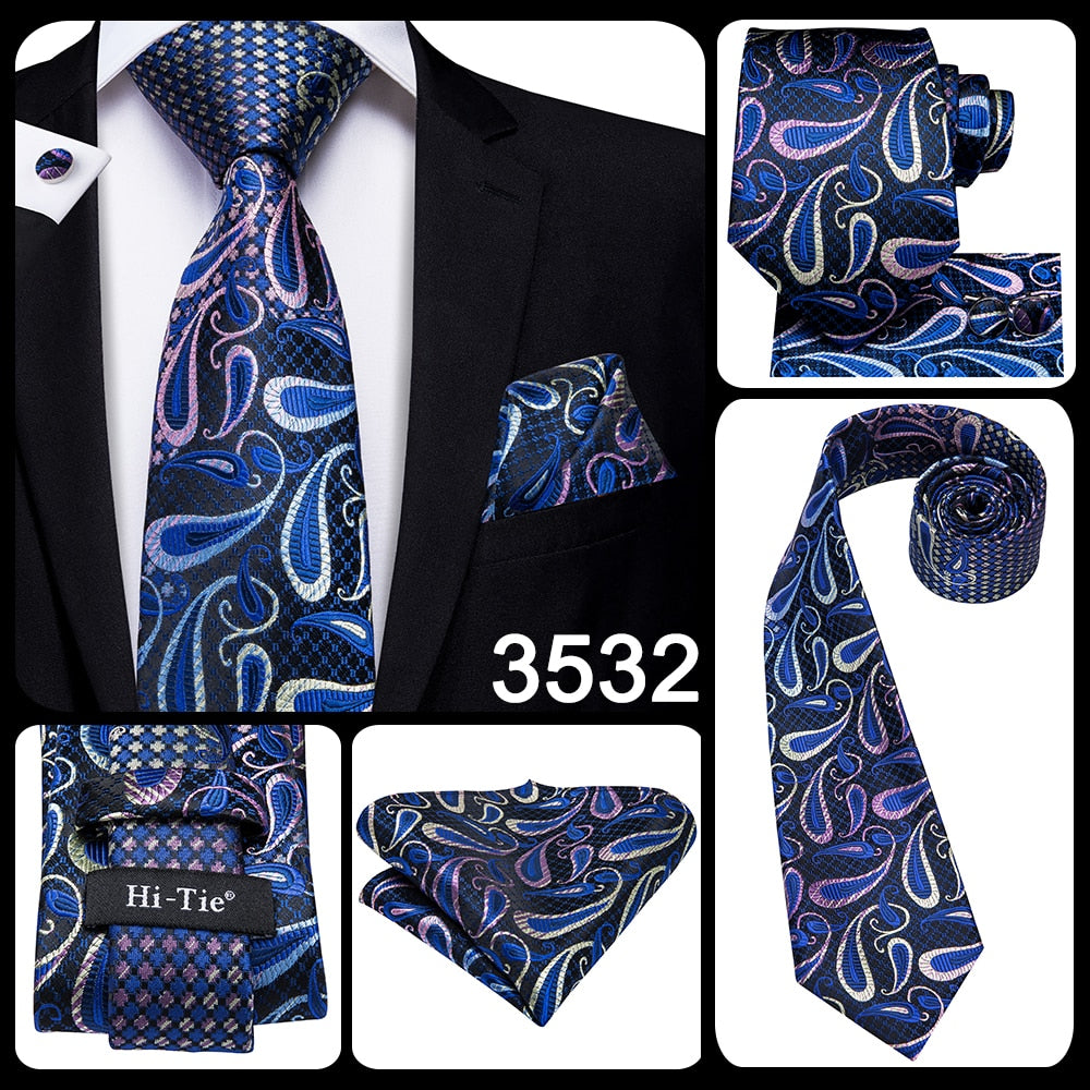 Blue silk business tie with dots, matching plaid cufflinks, and set accessories for men, suitable for wedding or business attire.
