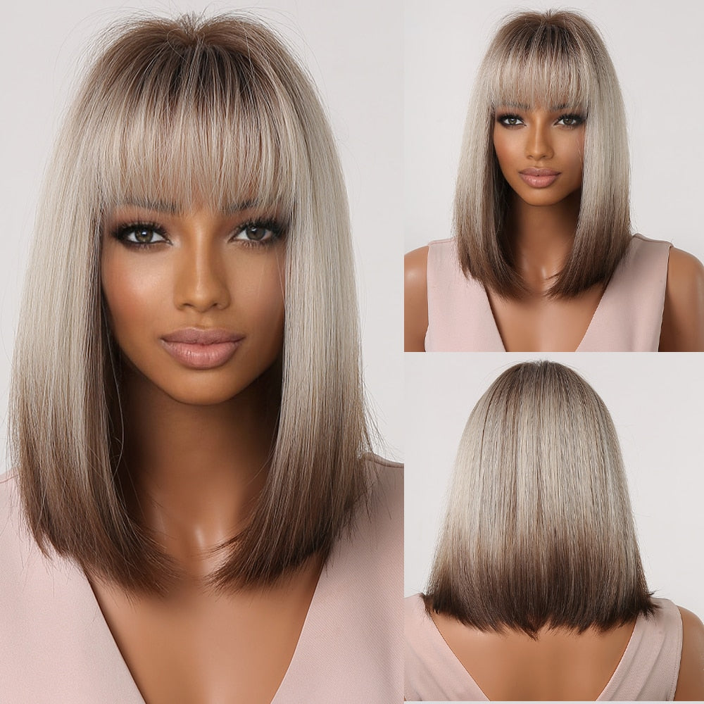 Blonde to brown ombre synthetic bob wig with bangs for women, heat-resistant daily cosplay and party accessory from The Clothing Company Sydney.