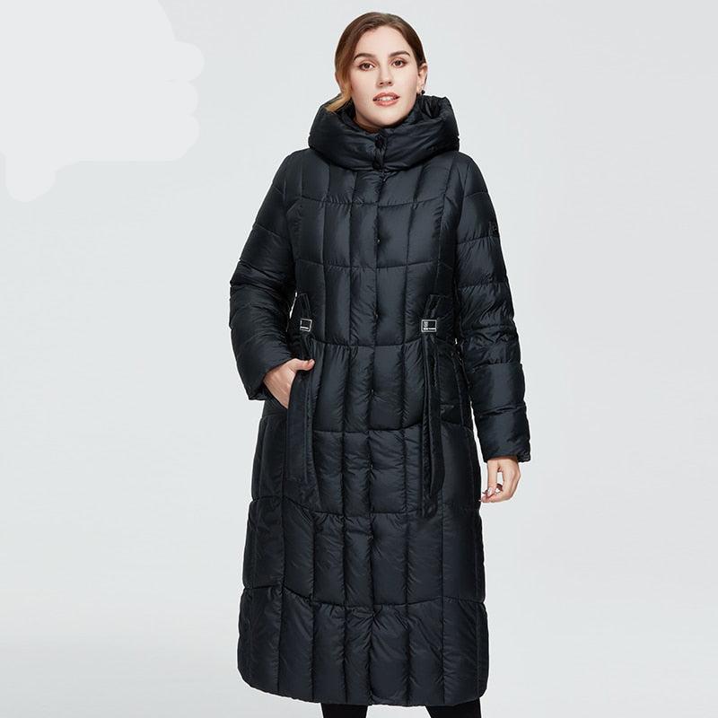 Long women's winter parka jacket by The Clothing Company Sydney with plaid pattern, hood, and thick warm insulation.