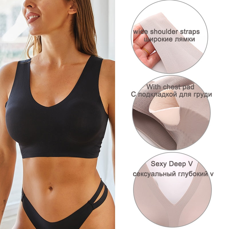 Seamless deep V plunge sports bra by The Clothing Company Sydney, featuring push-up padding and bralette-style lingerie.