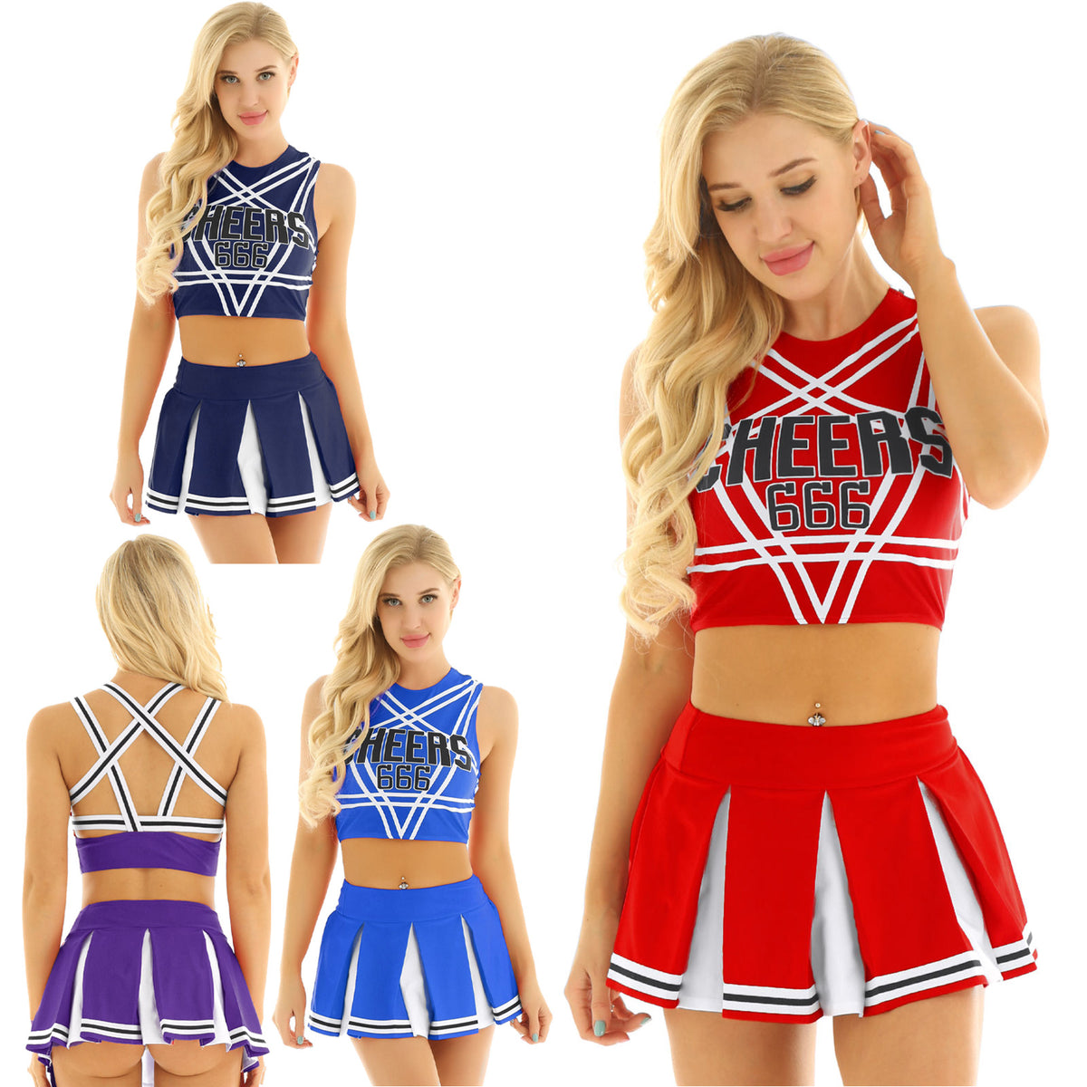 Two-piece cheerleader cosplay set with sleeveless crop top and pleated mini skirt by The Clothing Company Sydney, perfect for costume events.