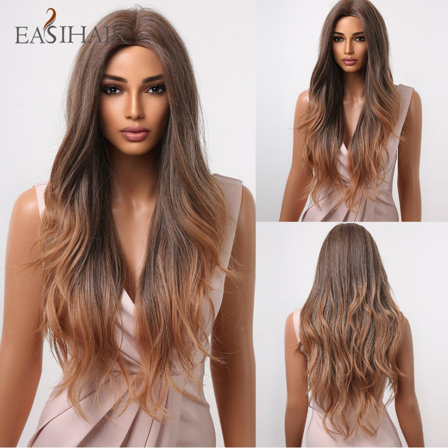 Long wavy synthetic wig with brown and blonde tones, featuring bangs, heat-resistant for women’s daily wear and cosplay.