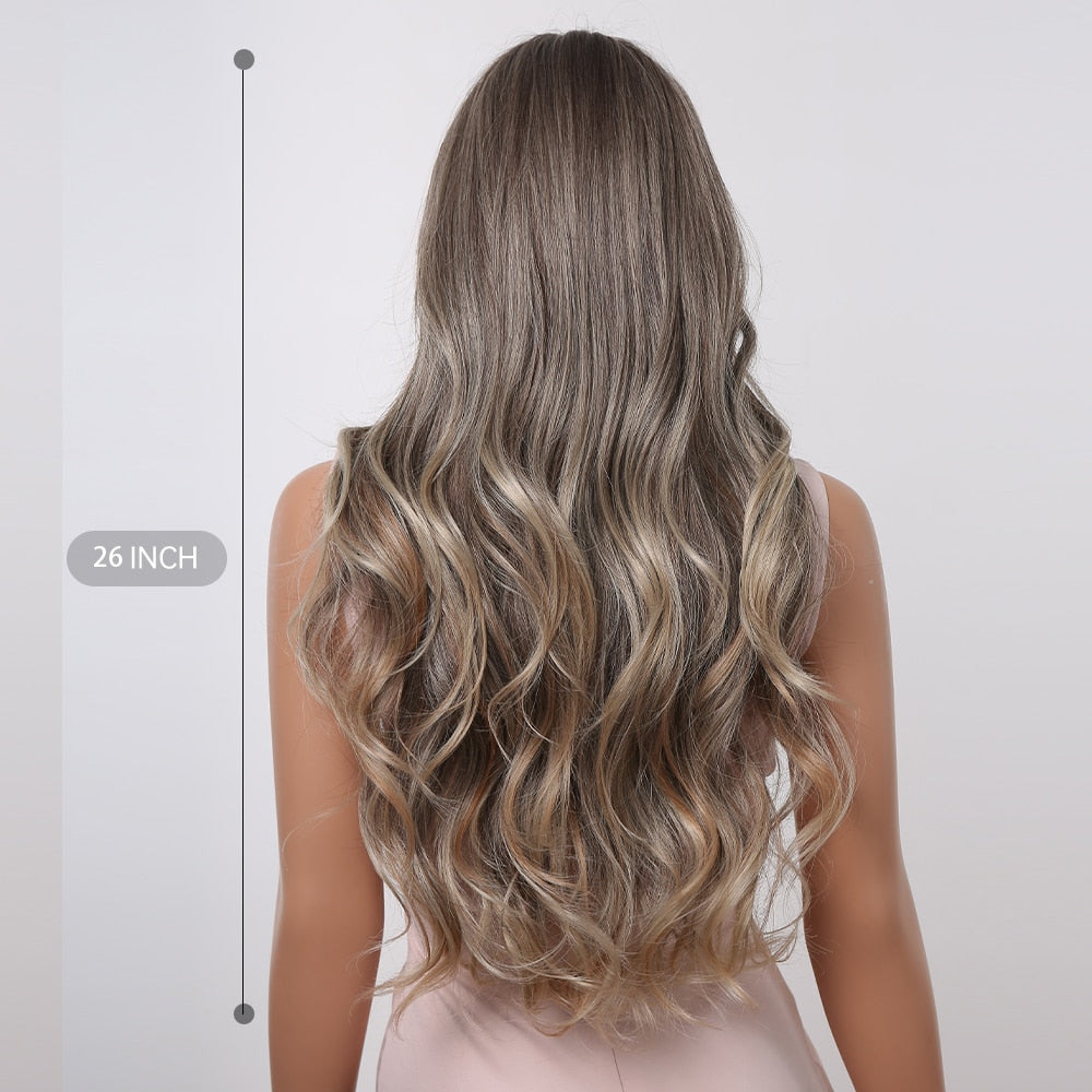Long wavy synthetic wig with ombre brown, gray, ash, and blonde shades, featuring a middle part, designed for women’s cosplay and daily wear.