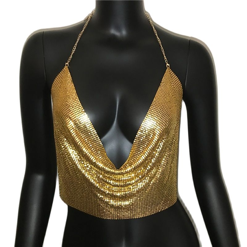 Metal sequined tank top by The Clothing Company Sydney, gold and silver backless cropped glitter camisole for summer beach club wear