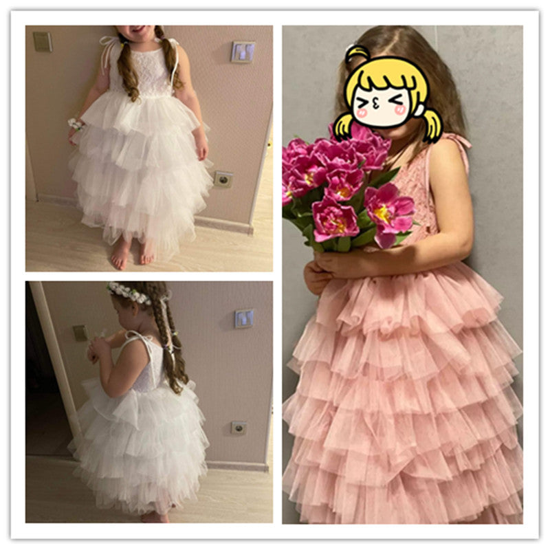 Cute girls' summer princess birthday party dress with layered tulle, floral accents, sleeveless design, by The Clothing Company Sydney.