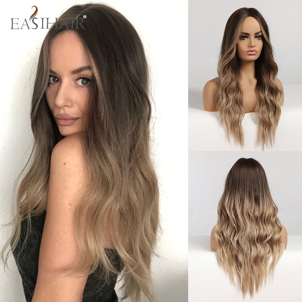Long wavy synthetic wig with ombre brown gray ash tones, middle part, mixed blonde highlights, heat-resistant, for women cosplay or daily wear