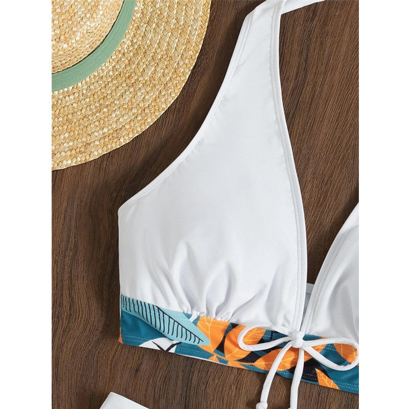 The Clothing Company Sydney 2-piece bikini set with split high waist, lace print, halter neck, deep V-neck, and backless push-up design.
