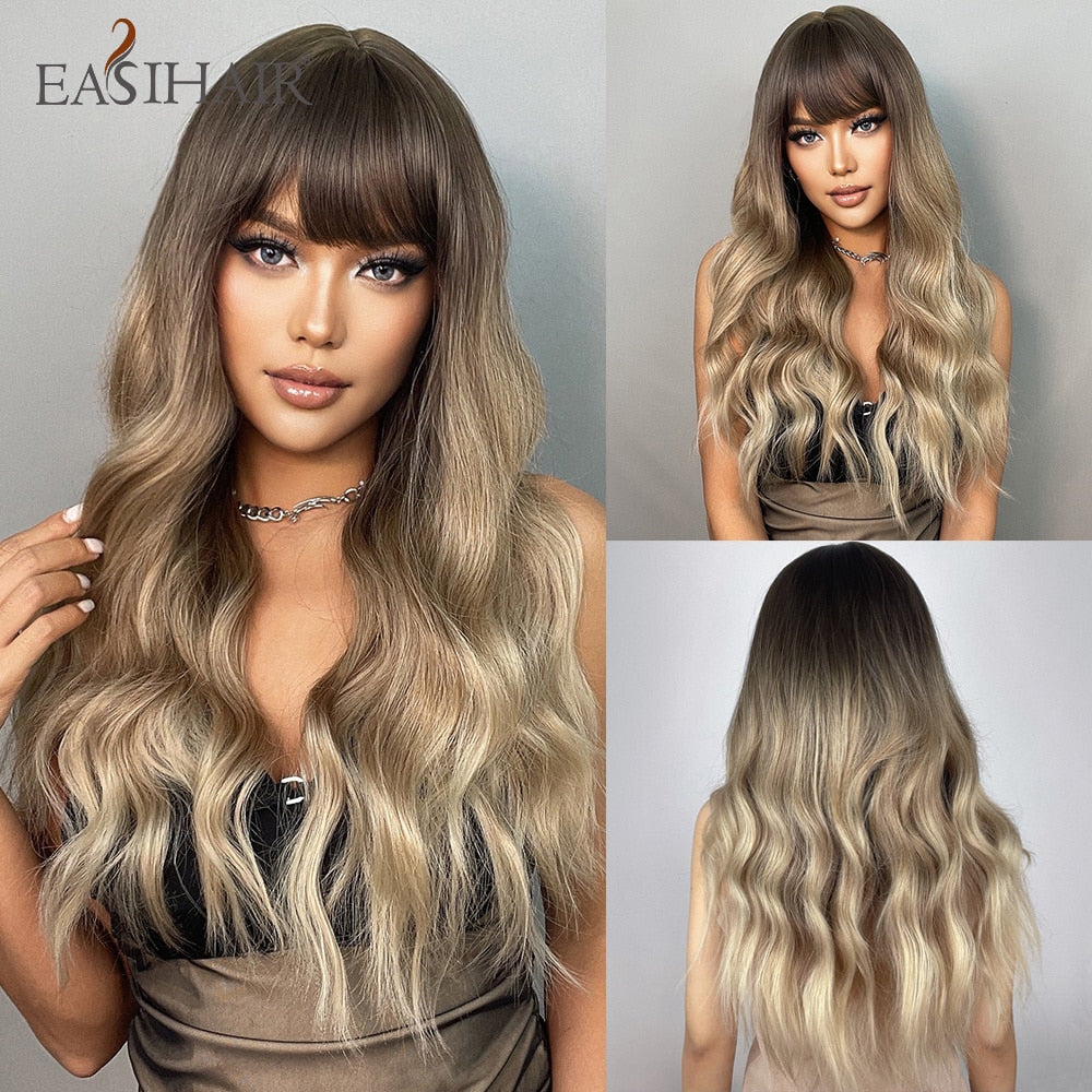 Long wavy synthetic wig for women, brown mixed blonde with bangs, heat-resistant, daily wear, cosplay accessory by The Clothing Company Sydney
