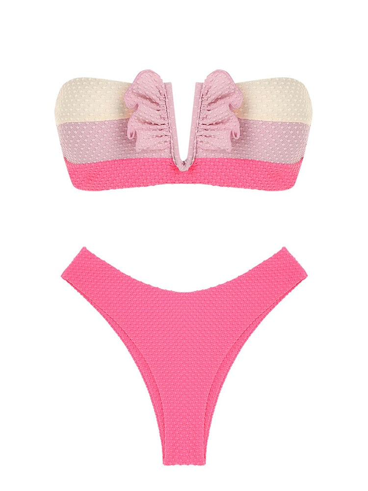 V-wired ruffle ribbed high cut bikini swimsuit with strapless design, lace-up front, and removable padding, by The Clothing Company Sydney.