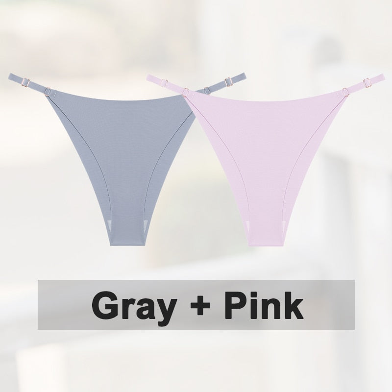 Two seamless silky G-string thongs from The Clothing Company Sydney, low-rise lingerie with adjustable waistband and hipster fit.