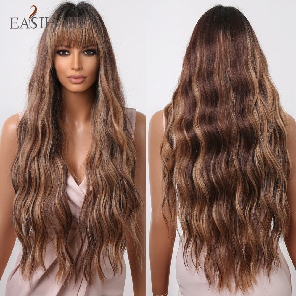Long wavy synthetic wig with ombre brown, gray ash, and blonde tones, featuring a middle part, heat-resistant for daily wear.