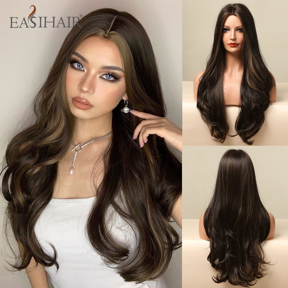 Ombre brown gray ash synthetic long wavy wig with middle part, mixed blonde highlights, heat resistant, suitable for daily wear and cosplay