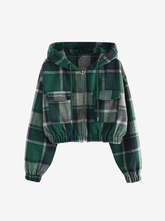Plaid Flannel Flap Pocket Zip Hooded Jacket Women's Drop Shoulder Coat Zip Up Short Jacket Winter Outwear The Clothing Company Sydney