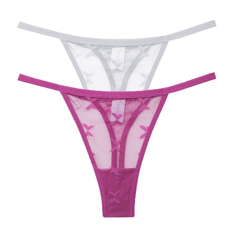 Two pack of transparent mesh G-string panties from The Clothing Company Sydney, seamless women's thong underwear with minimal coverage.
