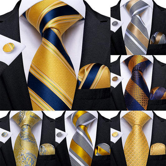 Men's Tie Luxury Yellow Blue Striped Paisley Plaid Silk Wedding Tie For Men's Designer Hanky Cufflinks Gift Tie Set The Clothing Company Sydney