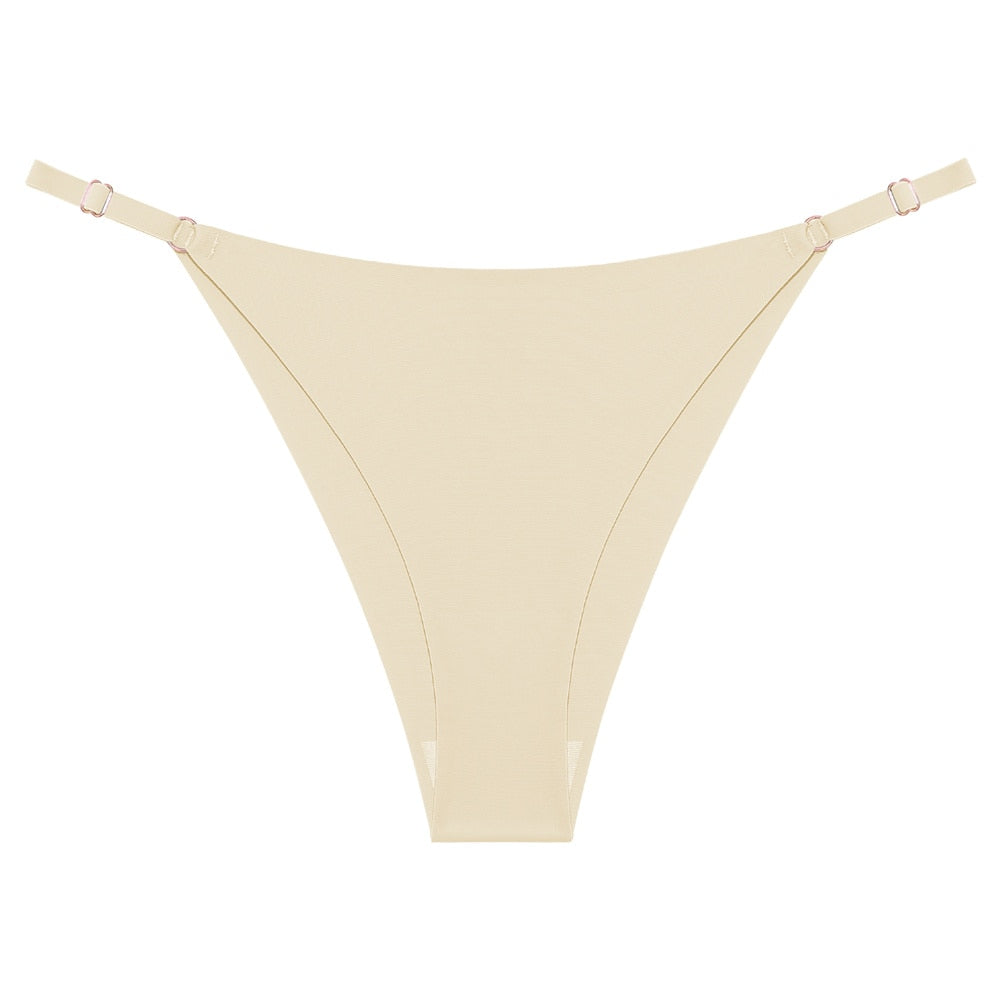 Two-pack of seamless silky G-string thongs from The Clothing Company Sydney, low-rise panties with adjustable waistbands, black and nude.