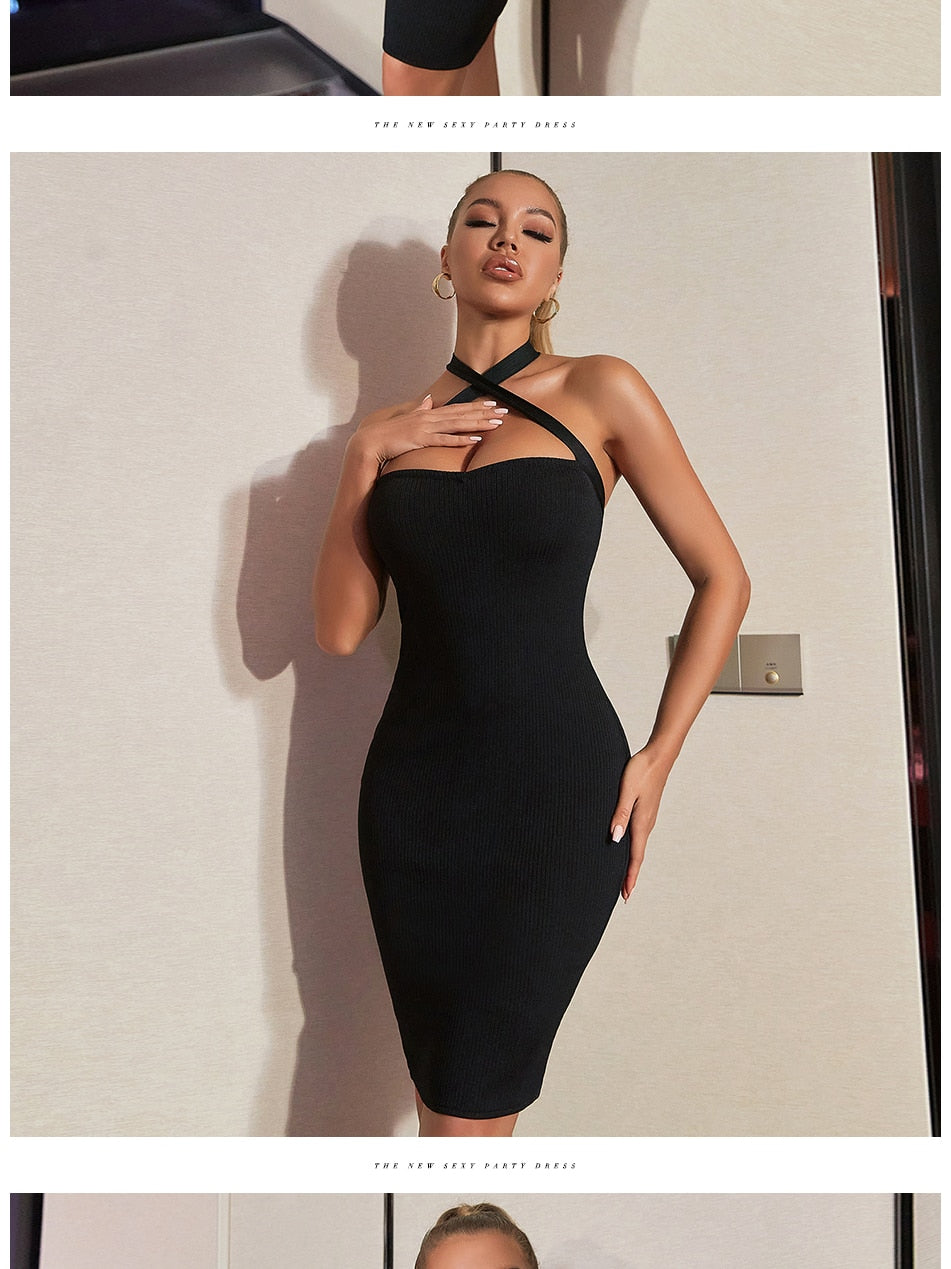 Black halter night club dress by The Clothing Company Sydney featuring a sleeveless, skinny bandage design for evening parties.
