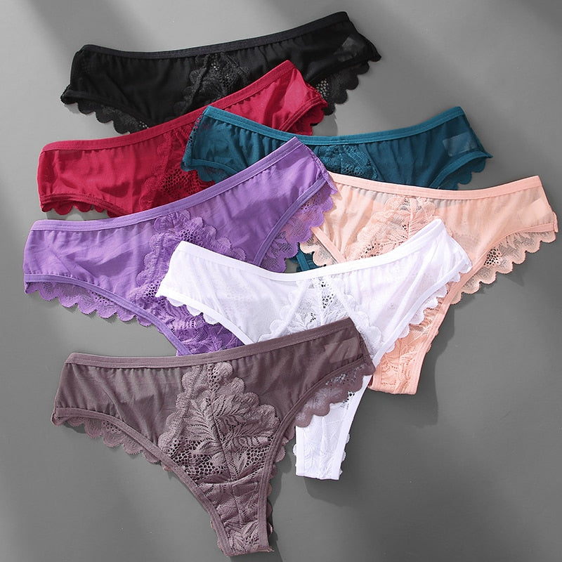 Three pastel lace G-string panties from The Clothing Company Sydney, soft lingerie thongs with delicate lace details.