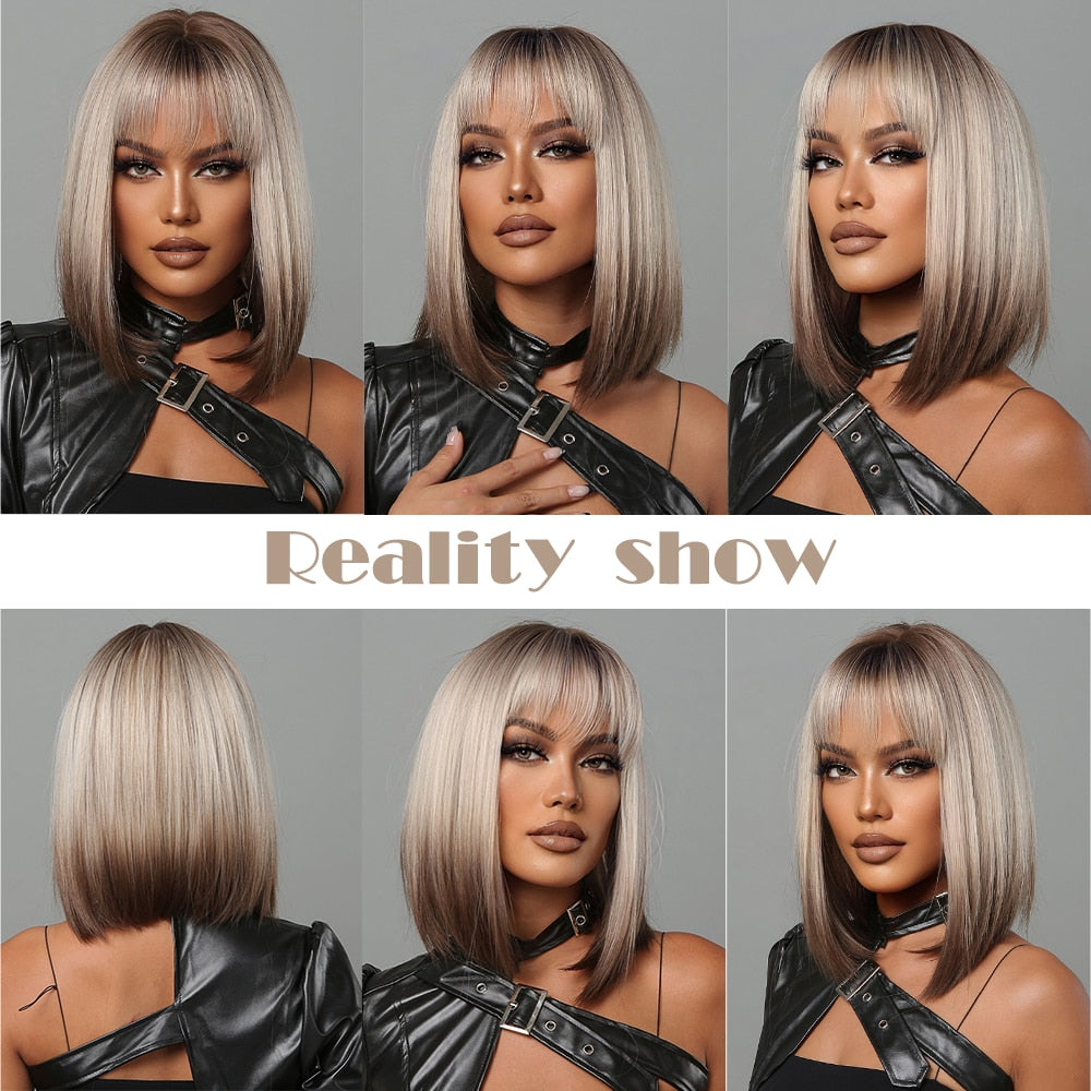 Blonde to brown ombre synthetic bob wig with bangs for women, featuring straight style and heat-resistant fibers.