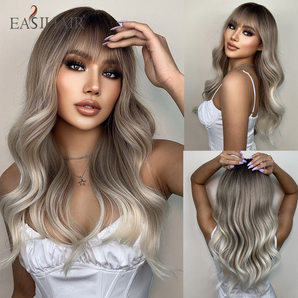 Long wavy synthetic wig with ombre brown, gray ash, and blonde tones, featuring a middle part, heat resistant, for women or cosplay.