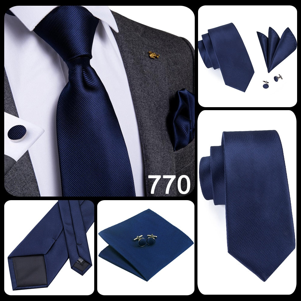Blue silk business tie with dots, plaid cufflinks, and accessories set for men, ideal for wedding and business attire.