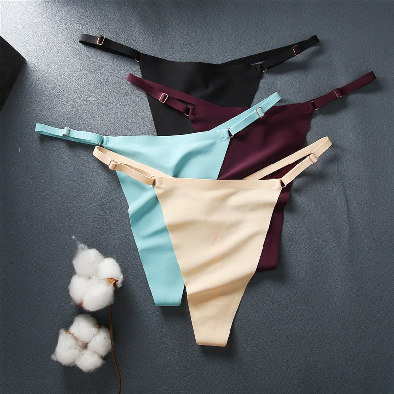 Three seamless women G-string underwear sets with adjustable straps, ice silk fabric, and cross waist design from The Clothing Company Sydney.
