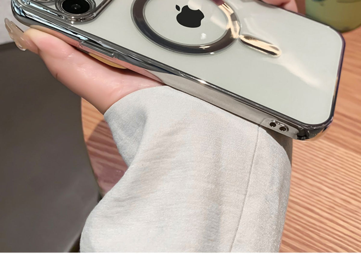 Luxury plating clear magnetic iPhone case by The Clothing Company Sydney, soft silicone cover for MagSafe wireless charging.