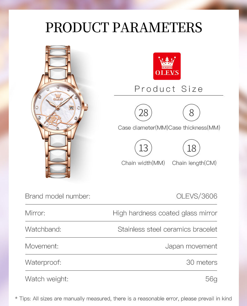 Elegant ladies' ceramic watch by Clothing Company Sydney featuring luxury quartz Japan movement and 30M water resistance.