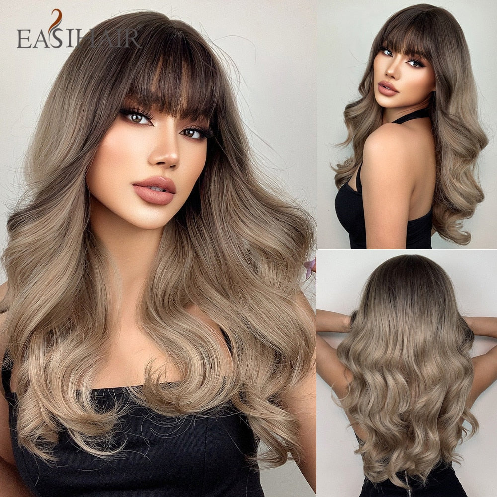 Long wavy synthetic wig for women, brown mixed blonde with bangs, heat-resistant, daily wear, cosplay accessory by The Clothing Company Sydney