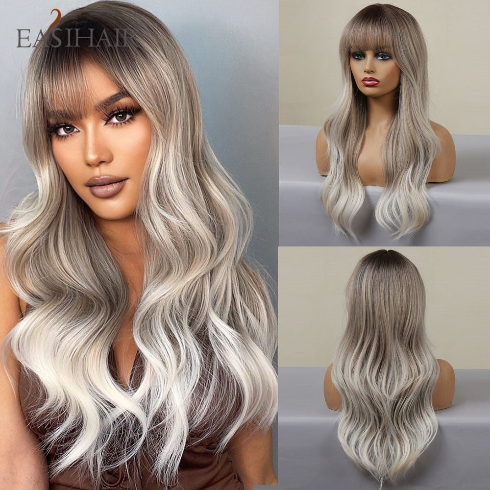 Long wavy synthetic wig with brown and blonde tones, featuring bangs, for women’s daily wear or cosplay, heat-resistant hair accessory.