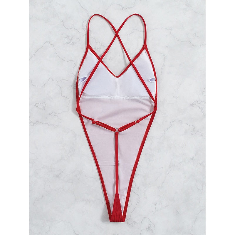 High-cut backless ribbed one-piece thong swimsuit by The Clothing Company Sydney, featuring a solid color monokini style.