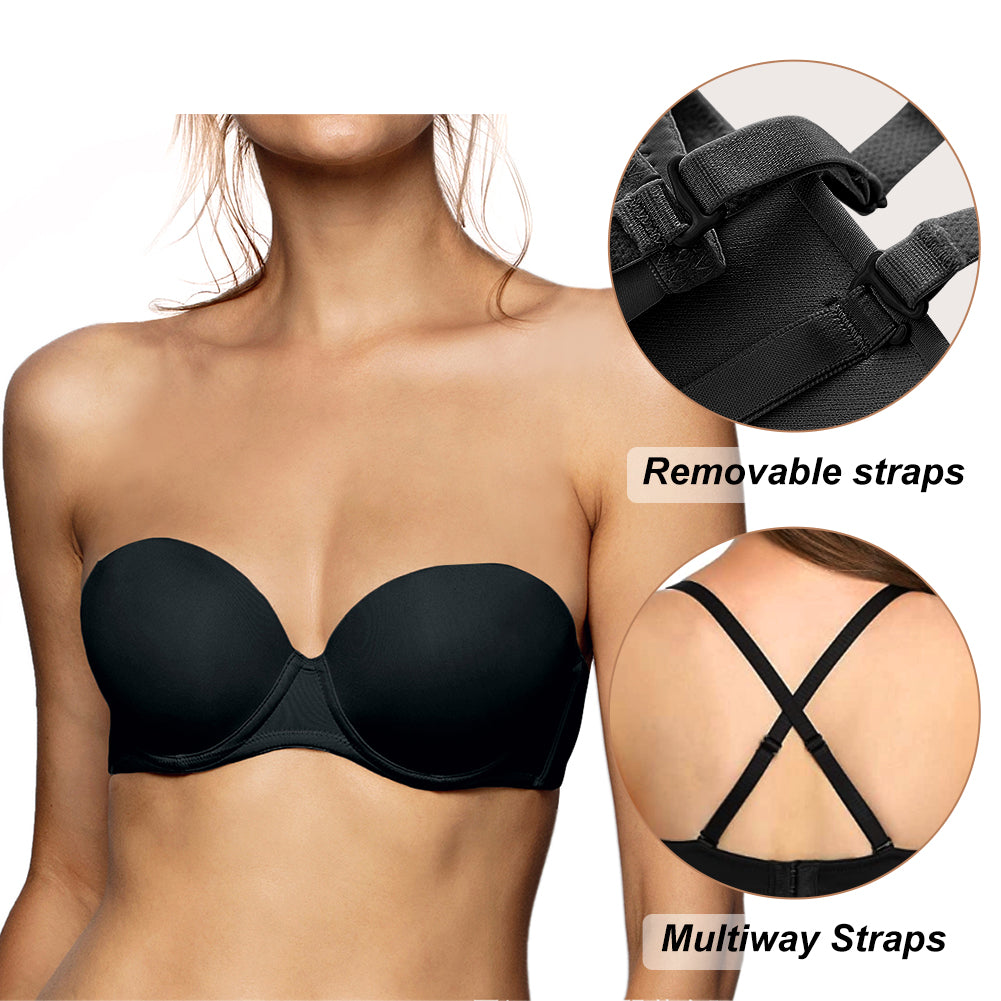 Seamless strapless bra by The Clothing Company Sydney with 1/2 cup design, invisible fit, and detachable shoulder straps.