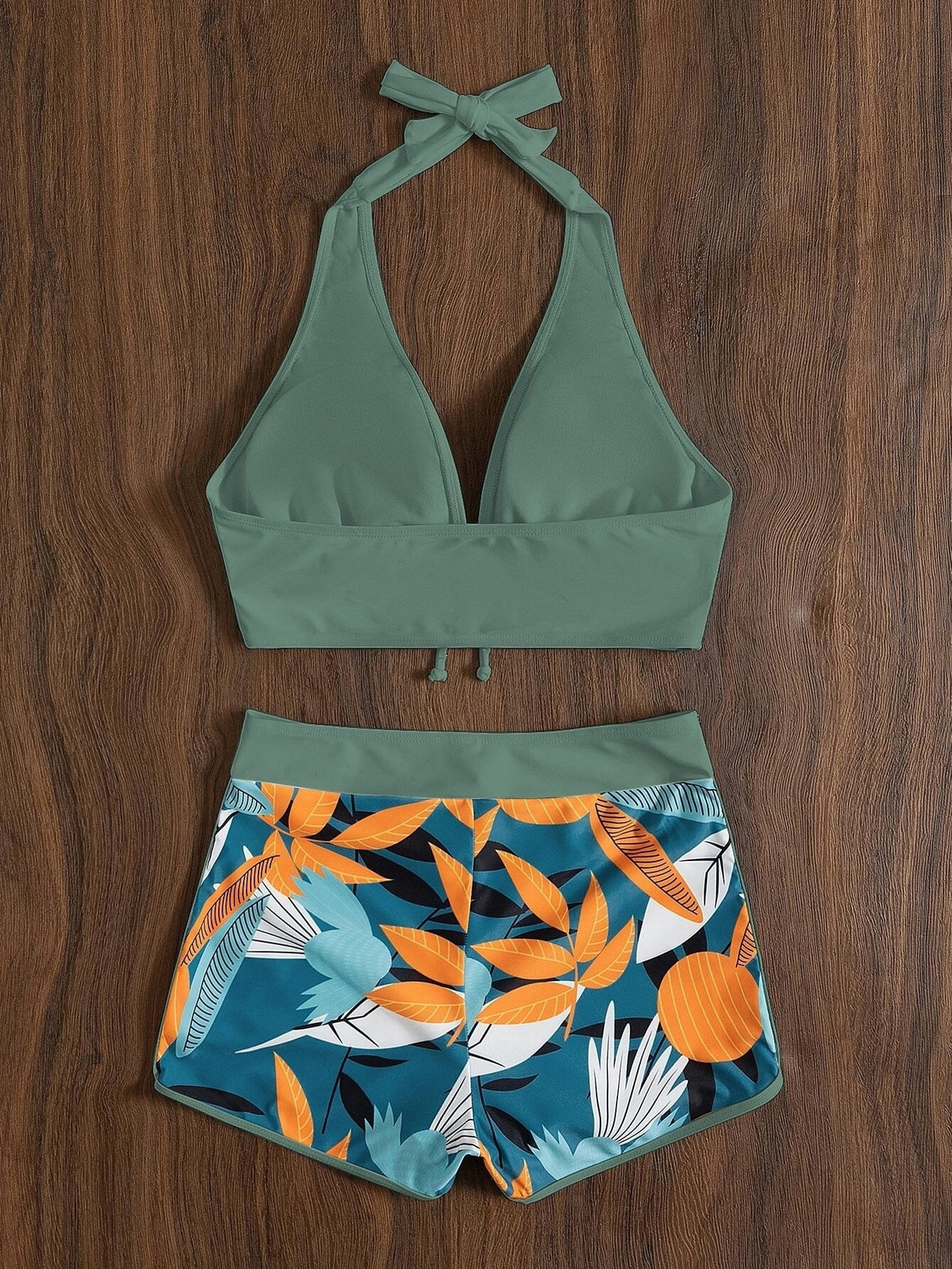 Backless high waist bikini set with print tie halter top and push-up shorts from The Clothing Company Sydney, suitable for beachwear.