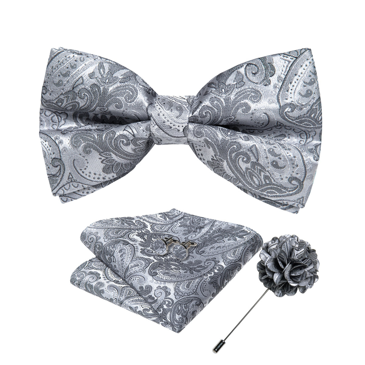 Red pre-tied wedding bow tie with matching cufflinks and corsage set, elegant silk butterfly knot accessory for men's formal attire