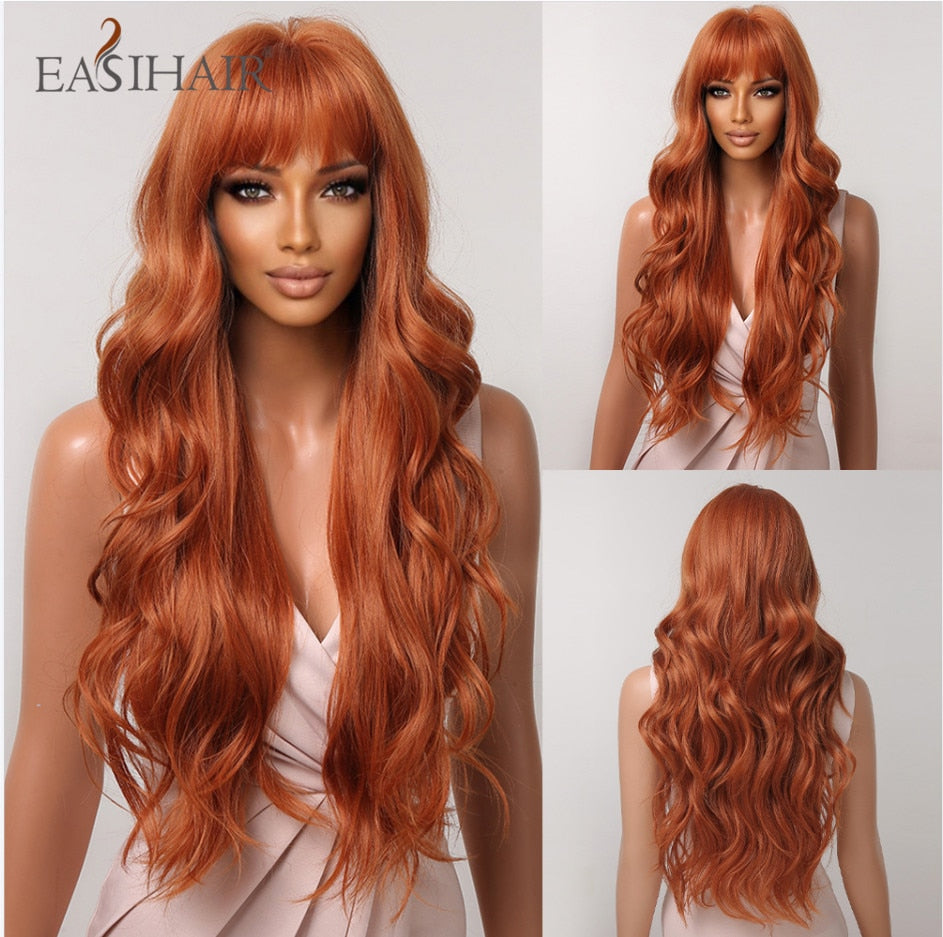 Long wavy synthetic wig in brown mixed blonde with bangs, heat-resistant, ideal for daily wear or cosplay, by The Clothing Company Sydney.