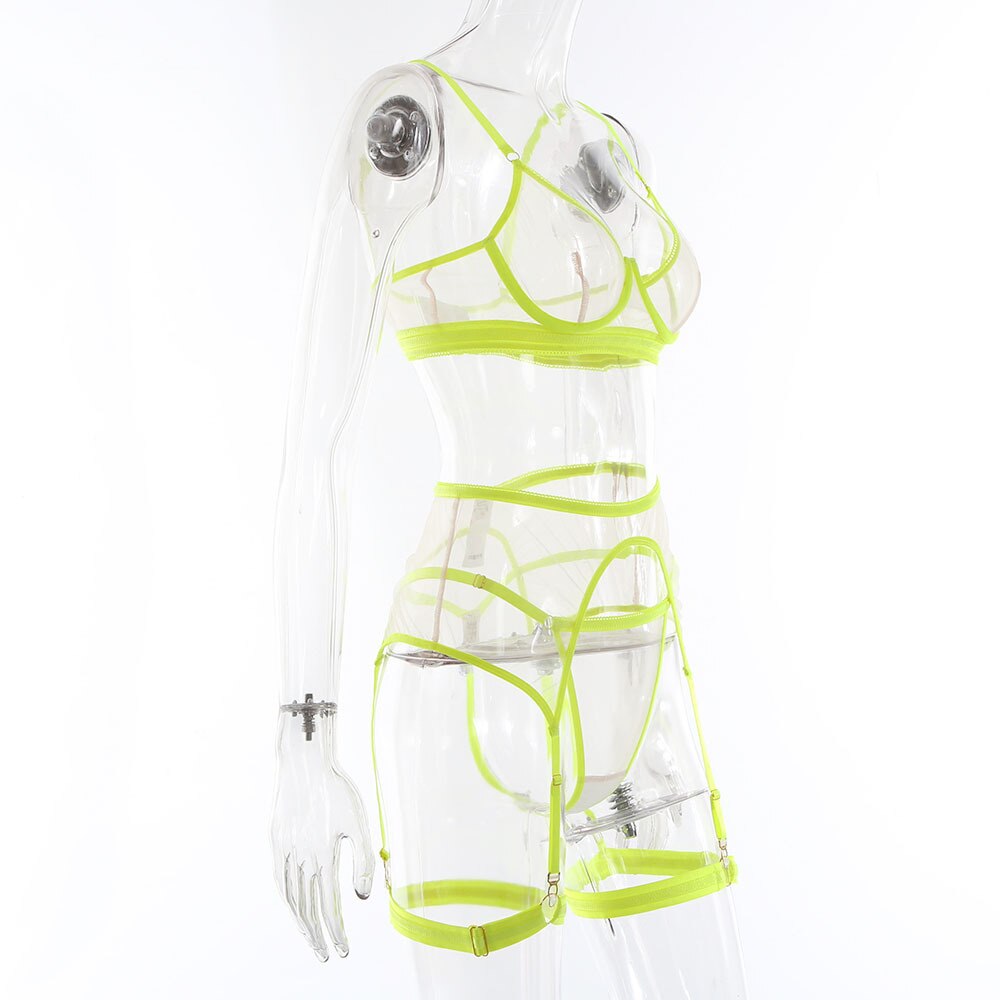 Sensual transparent lingerie set by The Clothing Company Sydney featuring seamless bra and panty with see-through neon fabric.