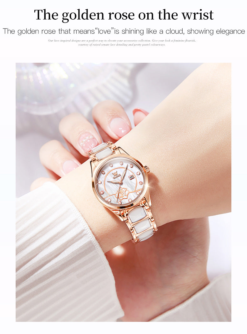 Elegant ladies' ceramic watch with Japanese quartz movement, water-resistant up to 30M from Clothing Company Sydney.