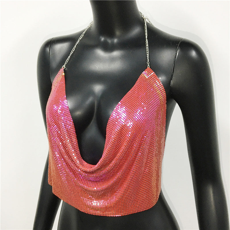 Gold and silver metal sequined backless tank top by The Clothing Company Sydney, featuring a cropped glitter design for summer beach club wear.