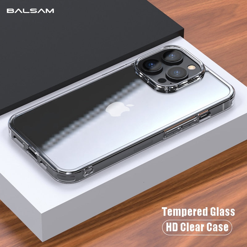 Transparent tempered glass phone case for iPhone 11, 12, 13, 14, XS Max, and more, showcasing a slim, clear hard cover.